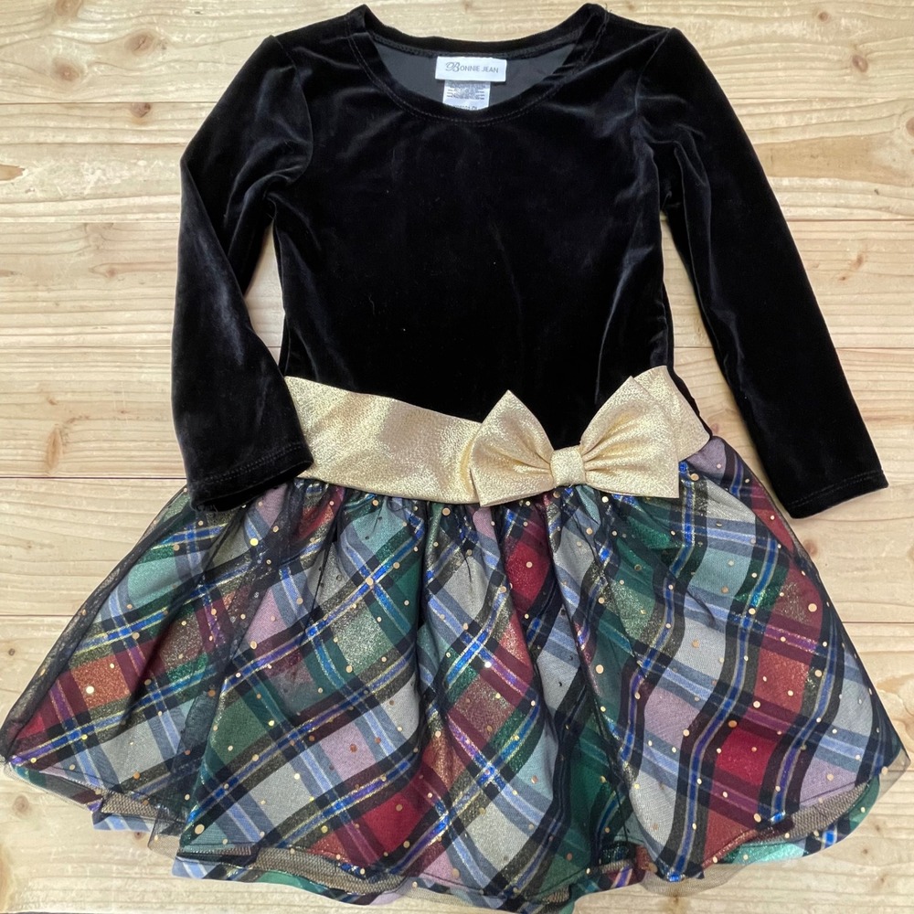 Bonnie Jean Girls Black Velvet Plaid Tulle Holiday Dress Size 4T